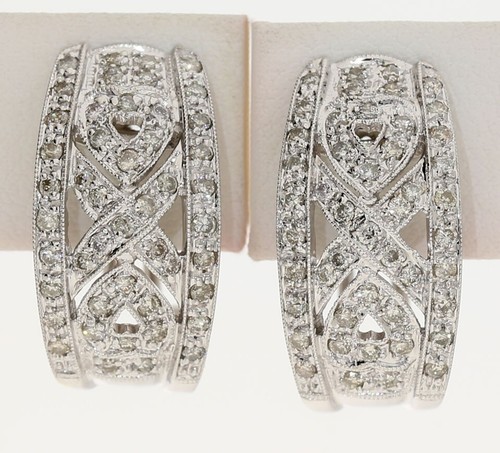 .75CT Diamond Heart X J Hoop Filigree Earrings 18K WG ¾” Long - Picture 2 of 7