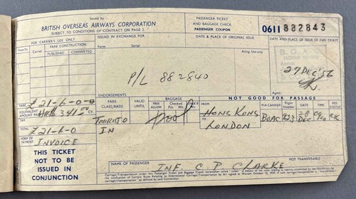 BOAC VINTAGE USED AIRLINE TICKET HONG KONG - LONDON 1956 B.O.A.C. KAI TAK - Picture 2 of 3