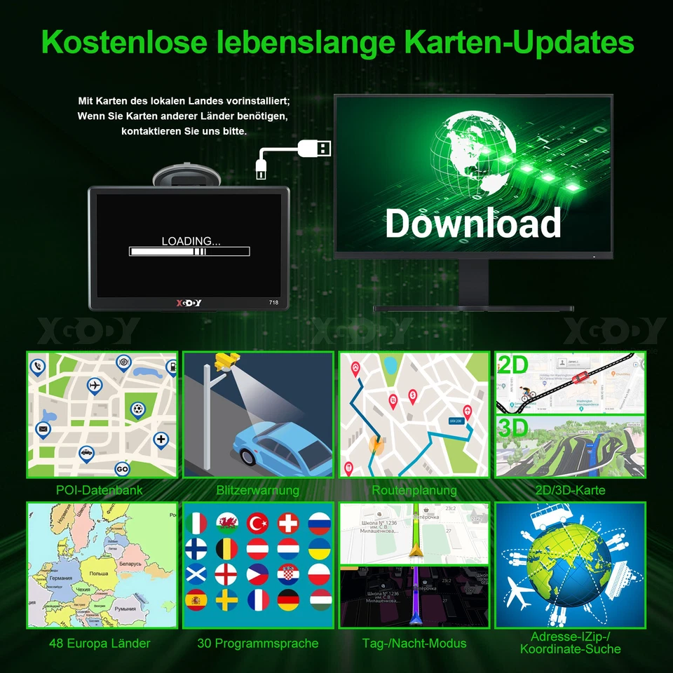 XGODY 7 Zoll GPS Navi PKW LKW Navigationsgerät Navigation 8GB+256MB 3D EU Karte - Bild 2 von 4
