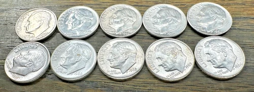Lot 90% Silver Roosevelt Dimes 10 Diff BU Unc $1 FV Face Value Coins NO RESERVE