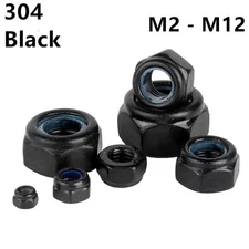 Black 304 Stainless Steel Hexagon Nylon Insert Lock Nuts M2 M3 M4 M5 M6 M8-M12