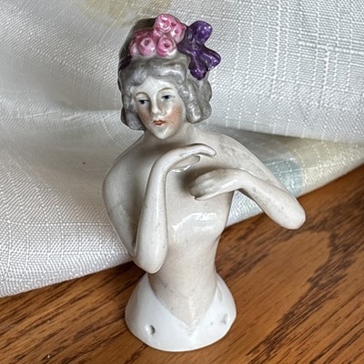 Carl Schneider Porcelain Half Doll Pin Cushion Numbered Arms Away Germany