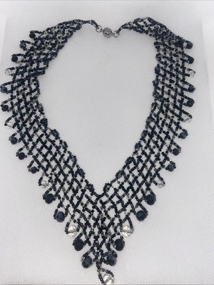Artisan Czech Glass Hematite, Gunmetal Grey 20'' Cascade Bib ''V'' NECKLACE 