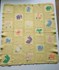 Handmade Crochet Baby Blanket Yellow Background Cross Stitch Animal 45"x41"