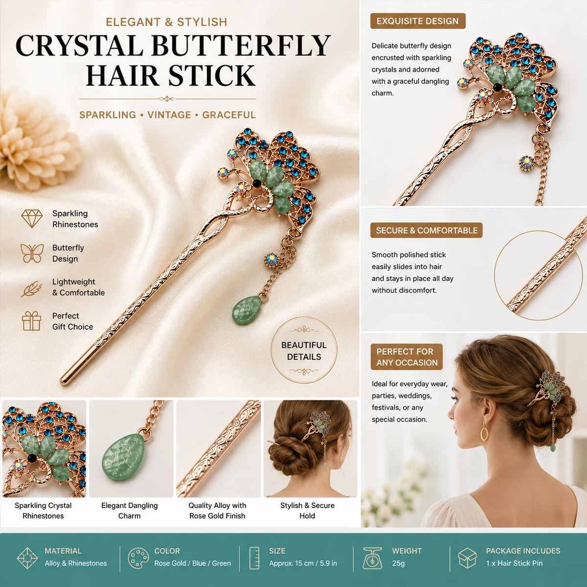 Boho Wooden Hair Stick Turquoise‎ Bead Charm Hairpin Bun Holder Faceted Turquoise Gemstone Hair Sticks, Boho Hair Jewelry  main image 4