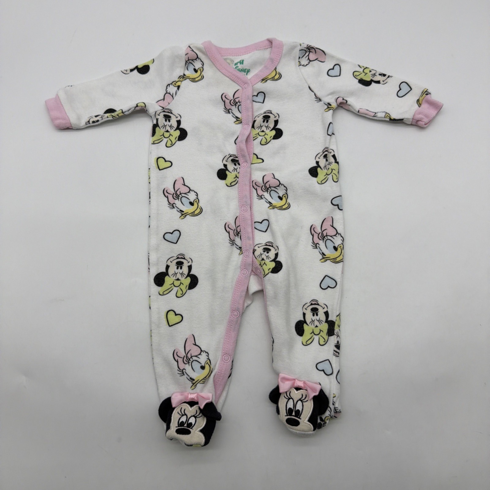 Disney Baby One Piece Toddler Girls Size 0/3M White Logo Aop Full Snap.#37927