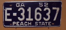 1952 Georgia  License Plate       Original