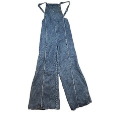 Acid Wash Blue Denim Wide Leg Overalls Exposed Seam Jumpsuit M 90 style retro