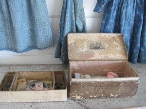 19th Century Hand Sewn Wallpaper Covered Sewing Notions Box Pull Out Divider