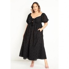 Eloquii Black Eyelet Puff Sleeve Tie Front  midi Sundress key hole Size 20 NWT