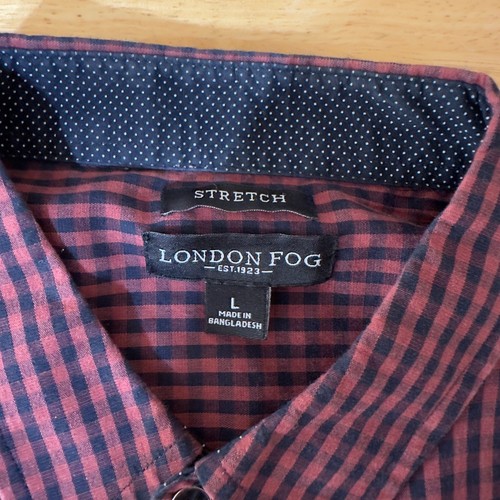 Camisa de vestir London Fog elástica con botones roja negra a cuadros manga larga L - Imagen 3 de 5