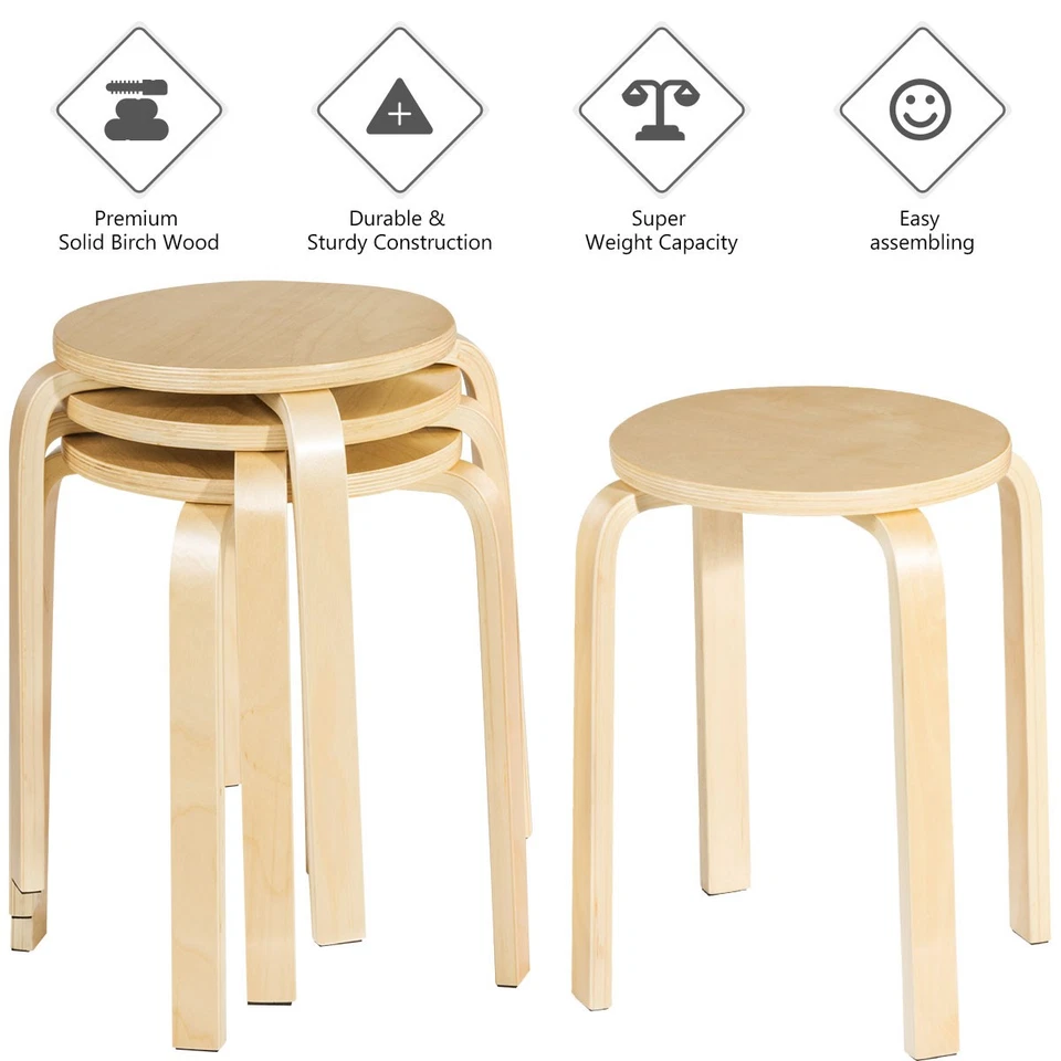 Set of 4 18" Stacking Stools Round Dining Chair Backless Wood Home Decor Natural - Image 4 of 4