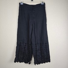 Jade by Johnny Was Black Linen Embroidered Eyelet Scallop Hem Pants M READ