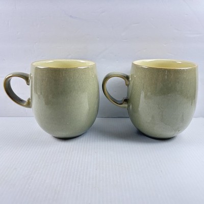 Denby-Langley Fire Sage Green Stoneware Mugs England Curved 4  Retired READ*