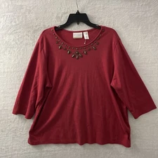 Alfred Dunner Womans Blouse Top Red Beaded Plus 1X Cotton Blend 3/4 Sleeve Round