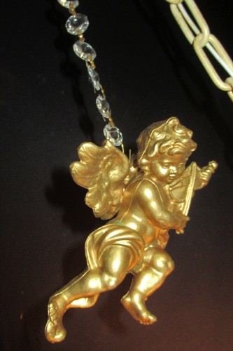 ANTIQUE VICTORIAN METAL CHERUB CHANDELIER CEILING LIGHT FIXTURE SHADES 30's - Picture 6 of 12