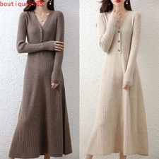 Womens Long Cashmere Sweater Dress Slim V-neck Elegant Knitwear Stretchy Dress