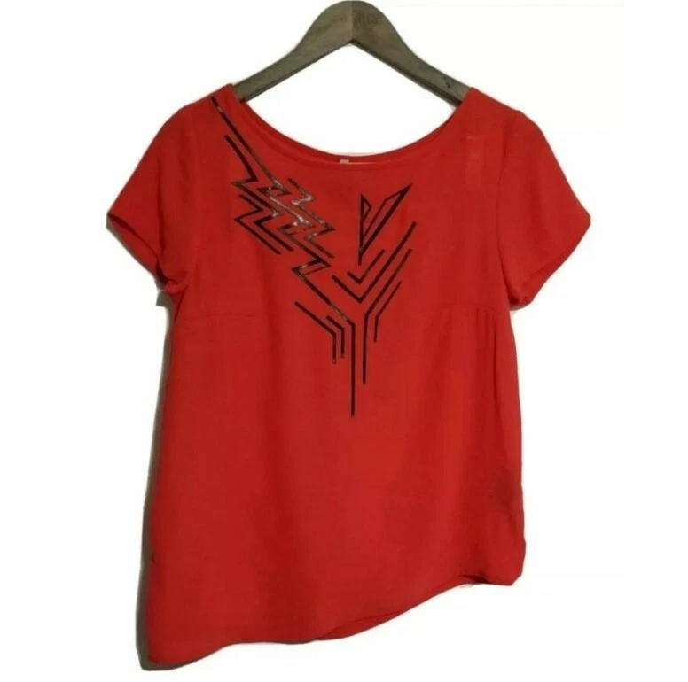 COP COPINE Womens 36 S Small Plaire Red Orange Aztec Graphic Top