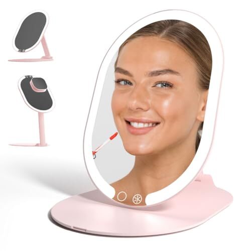 Rechargeable LED Makeup Mirror with 10x Magnification & 3 Light Modes in Pink