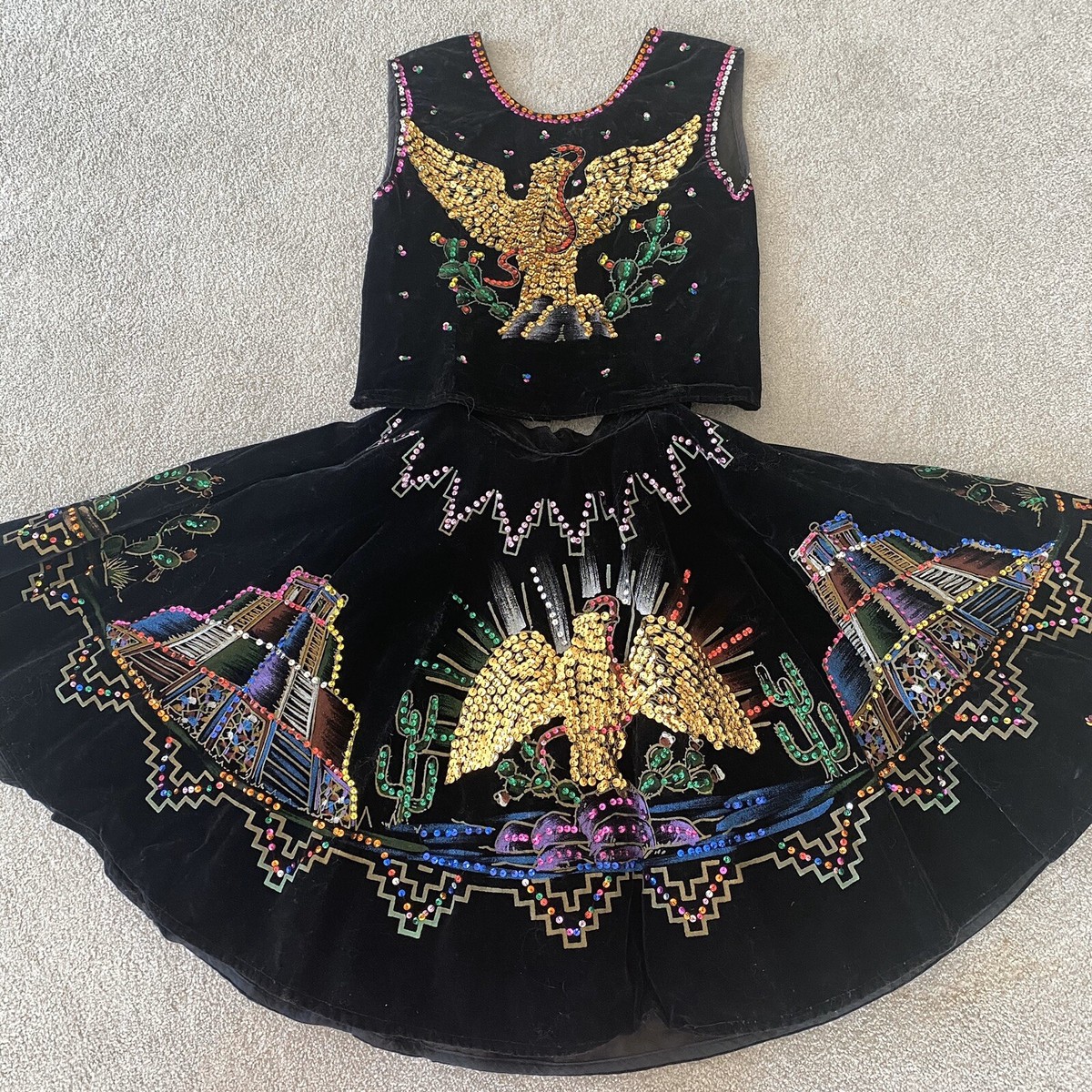 Vtg 1940s 50s Mexico Folk Art Hand Painted Velvet Skirt Top Patriotic Motifs