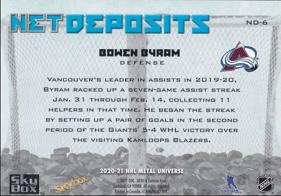 2020-21 Skybox Metal Universe Net Deposits Bowen Byram Colorado Avalanche #ND-6 - Image 2 of 2