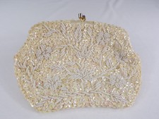 Vintage Cream White Beaded Clutch Hong Kong Clasp Close Serpentine Metal Chain