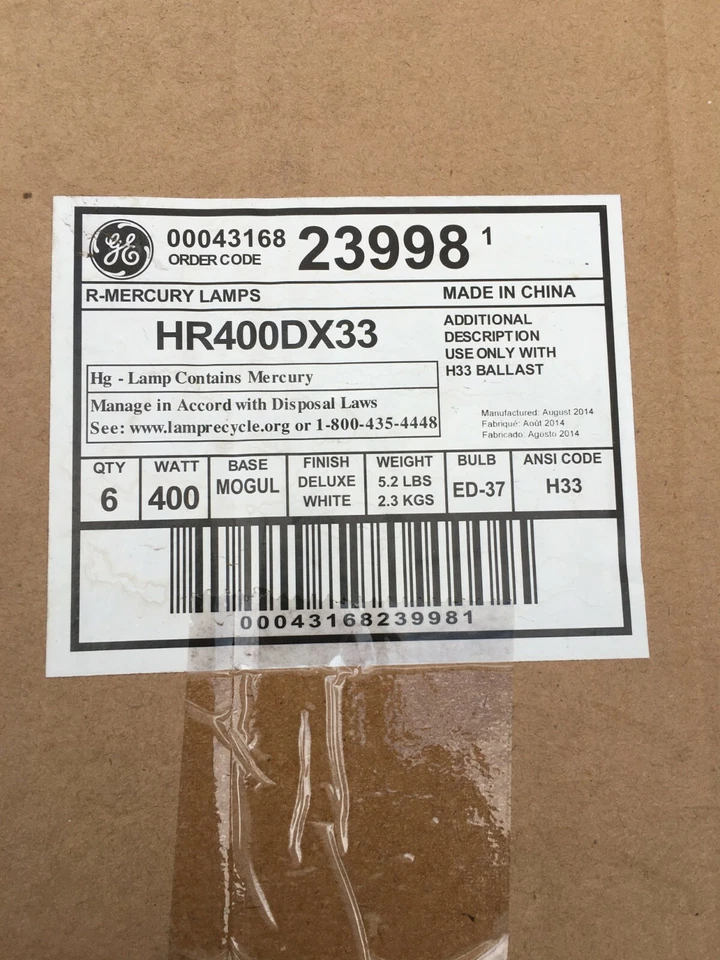 Box of 6 - GE 23998 - HR400DX33 R-Mercury Lamp 400W Deluxe White Mogul ED37 - Image 4 of 4
