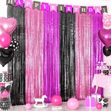 Pink and Black Birthday Decorations 2 Packs Metallic Tinsel Foil Fringe Curta...