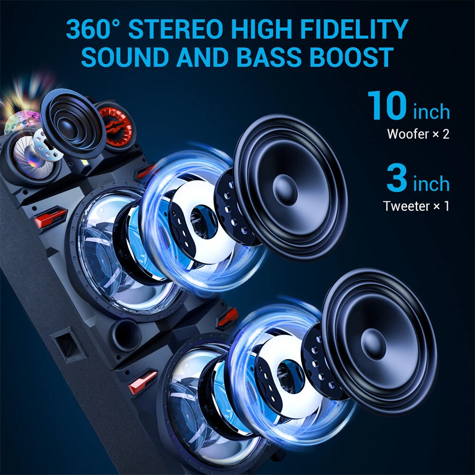 9000WDual 10"Subwoofer Bluetooth Speaker Heavy Bass Sound System DJ Party KaraoK - Image 3 of 4