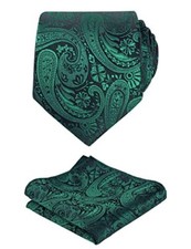 Mens Paisley Necktie with Pocket Square Set 170-dark Green