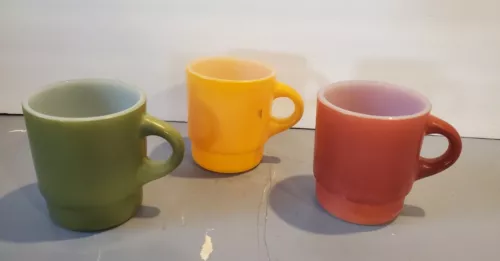 3 Vintage Fire King Stackable Coffee Mugs, Green,Yellow,Red