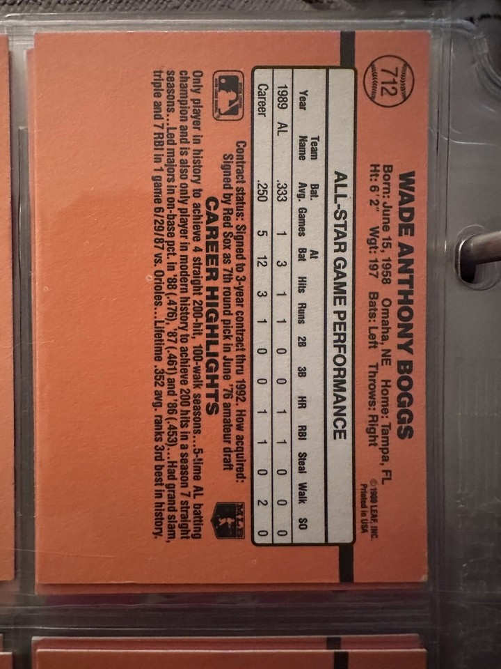 Wade Boggs 1990 Donruss#712 error wrong stats No TM RARE Near perfect ...