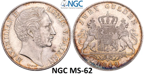 NGC Bavaria 1849  MS 62 Silver 2 Gulden  Coin Germany German State Rare Type