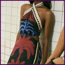 Sexy Halter Pattern Printed Mini Dress Summer Hollow Off Shoulder Bohemian Dress