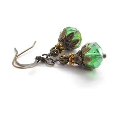 Green Crystal Earrings Antiqued Brass Victorian Revival Cosplay Ren Faire Gift
