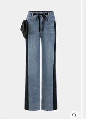 NWT Micas Denim High Rise Wide Leg Satin Bow Black Stripe Y2K Baggy 32x31 Large