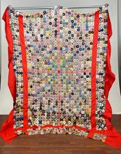 Vintage 1930s Large Yo-Yo Hand-Stitched Quilt bedspread Multicolored Cotton Nove