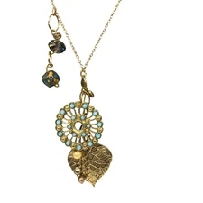 Gold Tone Pendant Necklace Blue Beads Leaf Charms Boho Statement 18 inch