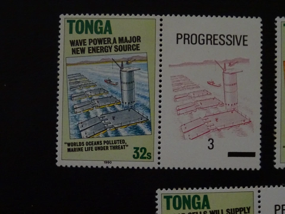 Juego de 3+3 etiquetas de fuentes alternativas de electricidad de Tonga SG1069/71 1990. Foto 2 de 4