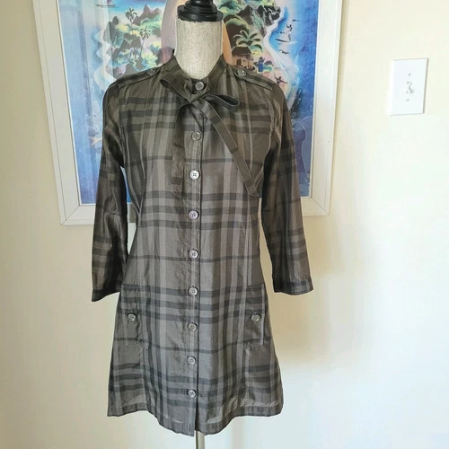 Abito camicia donna BURBERRY taglia S cravatta collo marrone grigio nova check manica 3 4