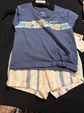 ROXY Girls 2 Piece Outfit Set T-Shirt Shorts Blue Pink Size 7 Striped Floral