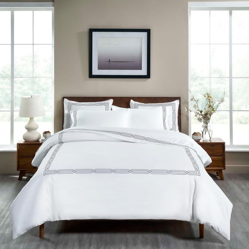 Egyptian Cotton 1200 Thread Count Embroidered 3-Piece Duvet Cover Set, 1 Duve...