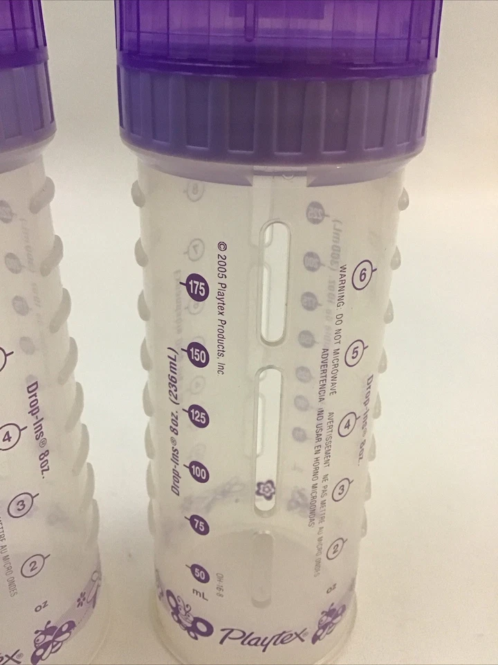 Lote de 2 biberones Playtex diseño púrpura claro gotas 8 oz tapa pezón bolsa Foto 4 de 4