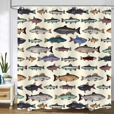 Fish Shower Curtain, Blue Vintage Fishes Drawing Salmon Trout Fishing Bath Cu...