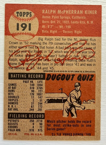2001 Topps Archives Ralph Kiner #243 - Pittsburgh Pirates - Picture 2 of 2