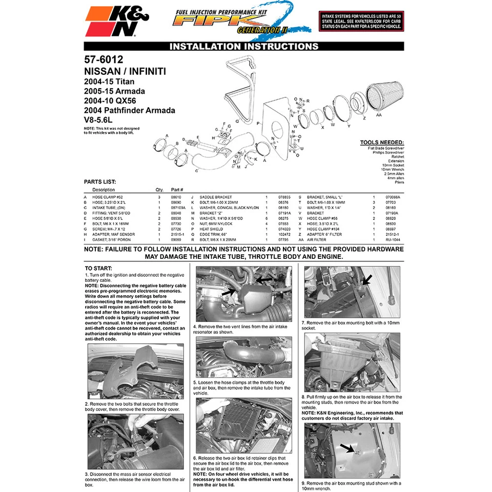 Sistema de admisión de aire frío K&N 57-6012 para 2004-10 QX56 / 04-15 Armada Titan 5,6 L V8 Foto 4 de 4