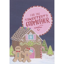 Gingerbread Man Woman In Front of Gingerbread House Christmas Card Godmother