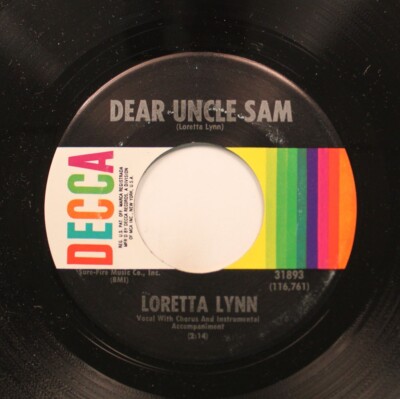 Loretta Lynn 7'' 45 RPM Vinyl Single Dear uncle Sam / Hurtin' For Certain