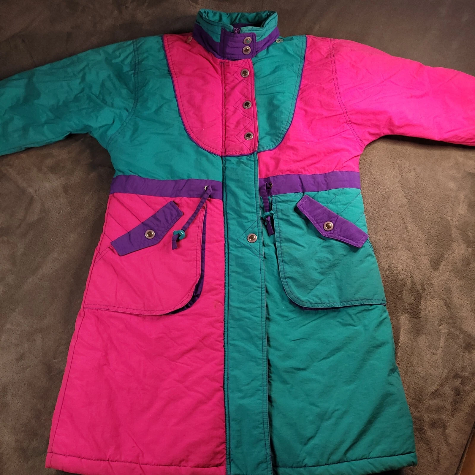 Vtg 90s Paramount Kids Coat Girls Sz 12 Pink Colorblock Full Zip Ski Snow Jacket