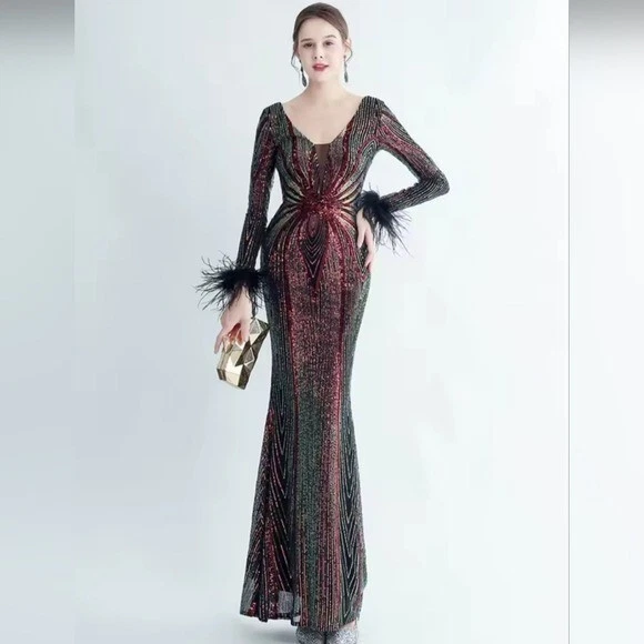 Vestido de novia rojo y negro manga larga cuello redondo Foto 3 de 4